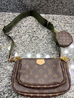 Louis Vuitton Brown Monogram Multi Pochette with Green Strap and Gold Hardware